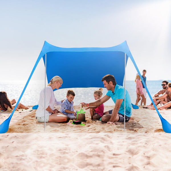 9.8x9.8FT Foldable Beach Canopy Tent Collapsible Shade Sail Sun Protection Windproof Shelter 4 Sandbag 2 Pole Portable Storage Bag Rectangle Blue