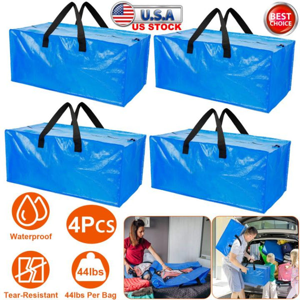 4 Pack Moving Tote Bags Heavy Duty Container Reusable Plastic Blue Moving Bin Zippered Storage Bag