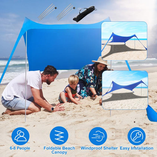 9.8x9.8FT Foldable Beach Canopy Tent Collapsible Shade Sail Sun Protection Windproof Shelter 4 Sandbag 2 Pole Portable Storage Bag Rectangle Blue