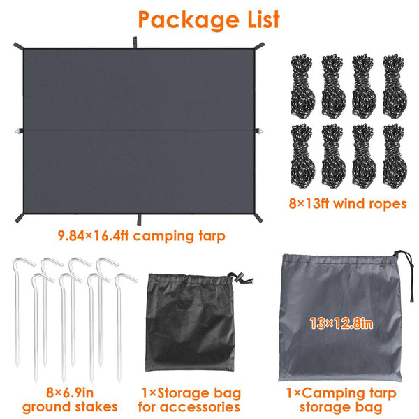 Waterproof Camping Tarp Kit Tent Canopy Rain Fly Awning Shelter for Outdoor Picnic Hammock Hiking Backpacking Travelling UV Protection 9.84*16.4ft