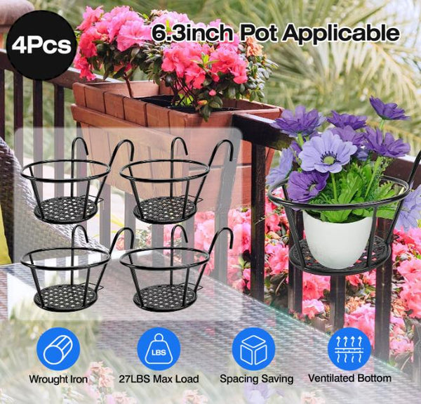 fence plant pot holders 4Pcs Round Hanging Railing Planters Wrought Iron Flower Pot Holder Ove – YardEpic