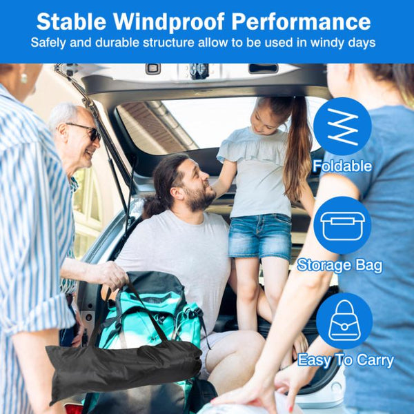 9.8x9.8FT Foldable Beach Canopy Tent Collapsible Shade Sail Sun Protection Windproof Shelter 4 Sandbag 2 Pole Portable Storage Bag Rectangle Blue