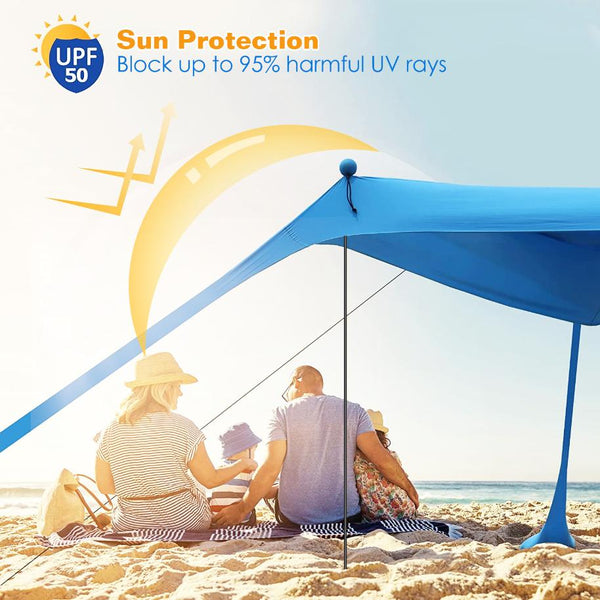 Beach Canopy Tent 10x10ft Sun Shelter Family Beach Tent Outdoor Shade UPF50+ with Sandbag Foldable Poles Carry Bag for Camping Trip Fishing Picnic