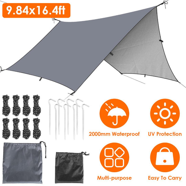 Waterproof Camping Tarp Kit Tent Canopy Rain Fly Awning Shelter for Outdoor Picnic Hammock Hiking Backpacking Travelling UV Protection 9.84*16.4ft