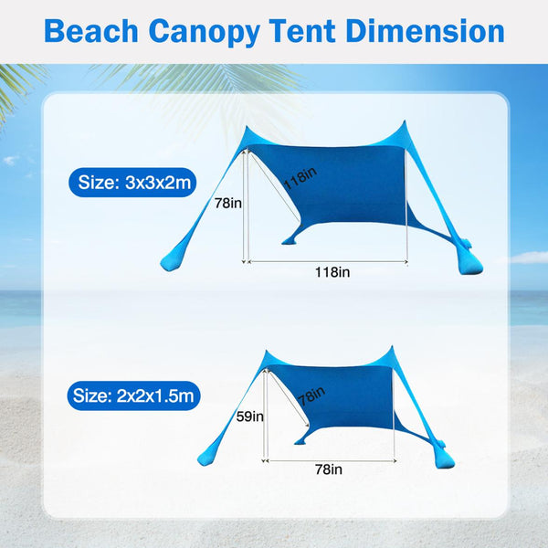 9.8x9.8FT Foldable Beach Canopy Tent Collapsible Shade Sail Sun Protection Windproof Shelter 4 Sandbag 2 Pole Portable Storage Bag Rectangle Blue