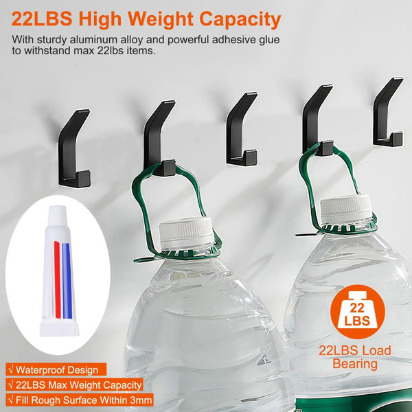 6 Pack Adhesive Hooks Aluminum Alloy Double Hook Wall Hanging Holders Hangers with Strong Glue 22LBS Capacity for Robe Coat Hat Keys