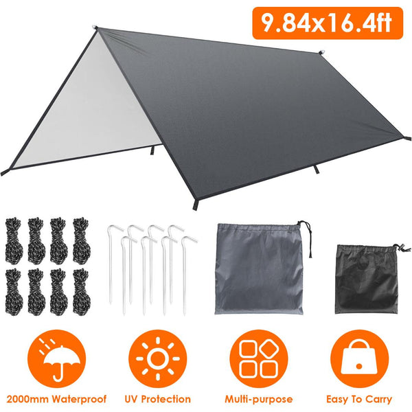 Waterproof Camping Tarp Kit Tent Canopy Rain Fly Awning Shelter for Outdoor Picnic Hammock Hiking Backpacking Travelling UV Protection 9.84*16.4ft