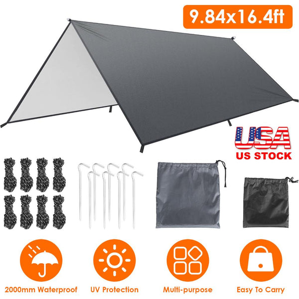 Waterproof Camping Tarp Kit Tent Canopy Rain Fly Awning Shelter for Outdoor Picnic Hammock Hiking Backpacking Travelling UV Protection 9.84*16.4ft