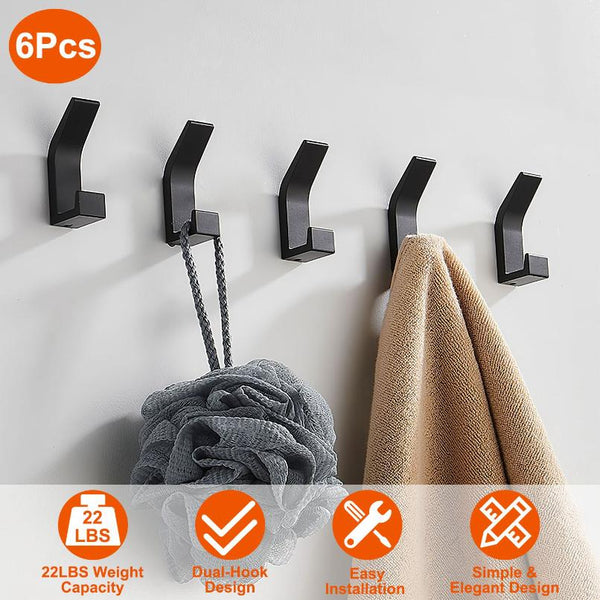 6 Pack Adhesive Hooks Aluminum Alloy Double Hook Wall Hanging Holders Hangers with Strong Glue 22LBS Capacity for Robe Coat Hat Keys