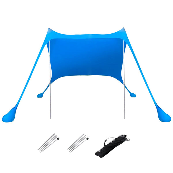 9.8x9.8FT Foldable Beach Canopy Tent Collapsible Shade Sail Sun Protection Windproof Shelter 4 Sandbag 2 Pole Portable Storage Bag Rectangle Blue