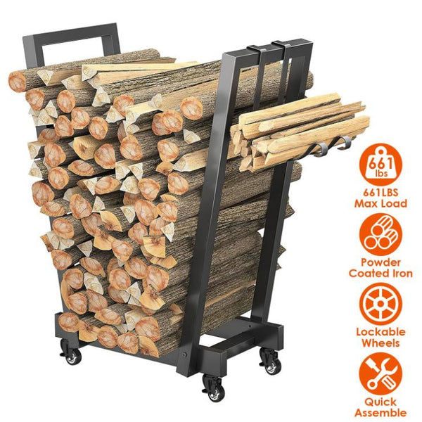 Firewood Log Rack 661LBS Iron Wood Lumber Storage Stacking Rack Holder with Hanging Hooks
