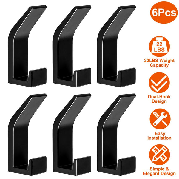 6 Pack Adhesive Hooks Aluminum Alloy Double Hook Wall Hanging Holders Hangers with Strong Glue 22LBS Capacity for Robe Coat Hat Keys