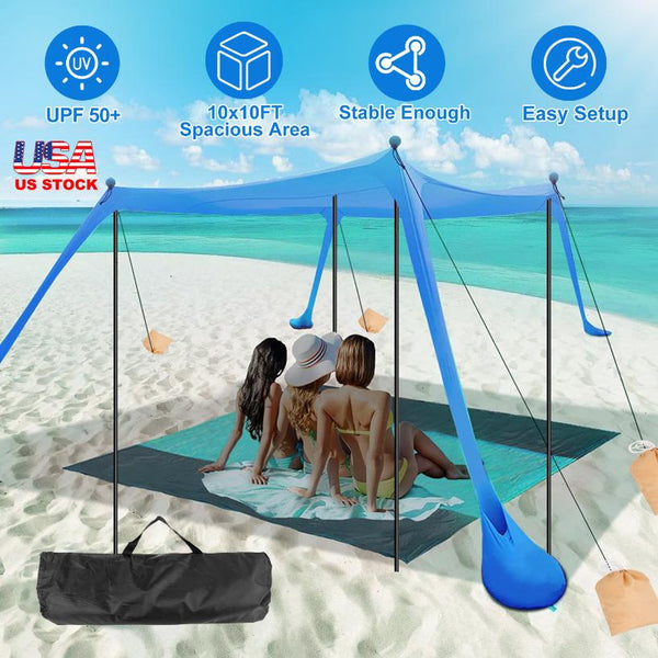 Beach Canopy Tent 10x10ft Sun Shelter Family Beach Tent Outdoor Shade UPF50+ with Sandbag Foldable Poles Carry Bag for Camping Trip Fishing Picnic