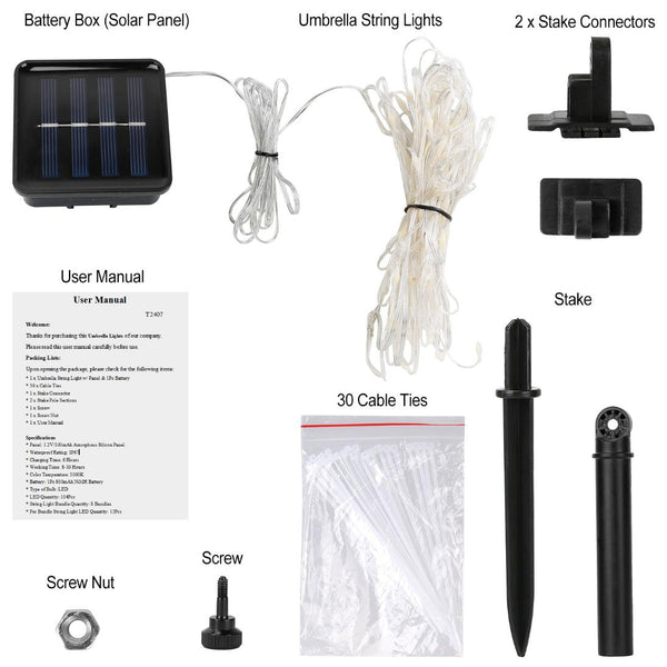 Solar String Lights for Umbrella Outdoor Parasol Waterproof 104 LED Warm White