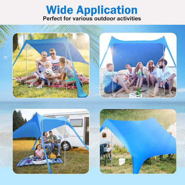 9.8x9.8FT Foldable Beach Canopy Tent Collapsible Shade Sail Sun Protection Windproof Shelter 4 Sandbag 2 Pole Portable Storage Bag Rectangle Blue