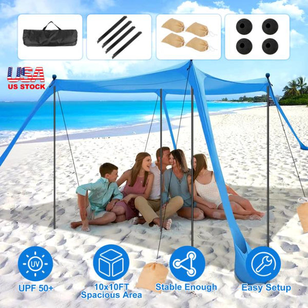 Beach Canopy Tent 10x10ft Sun Shelter Family Beach Tent Outdoor Shade UPF50+ with Sandbag Foldable Poles Carry Bag for Camping Trip Fishing Picnic