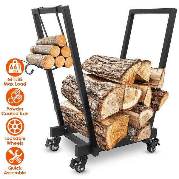 Firewood Log Rack 661LBS Iron Wood Lumber Storage Stacking Rack Holder with Hanging Hooks