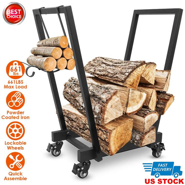 Firewood Log Rack 661LBS Iron Wood Lumber Storage Stacking Rack Holder with Hanging Hooks