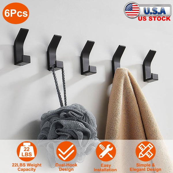 6 Pack Adhesive Hooks Aluminum Alloy Double Hook Wall Hanging Holders Hangers with Strong Glue 22LBS Capacity for Robe Coat Hat Keys