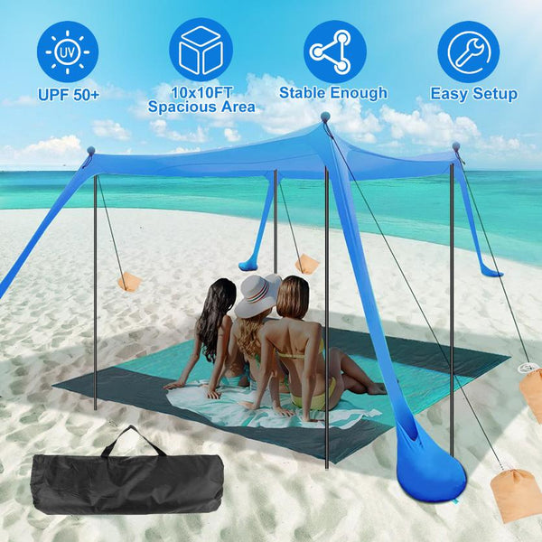 Beach Canopy Tent 10x10ft Sun Shelter Family Beach Tent Outdoor Shade UPF50+ with Sandbag Foldable Poles Carry Bag for Camping Trip Fishing Picnic