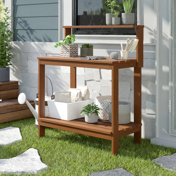Outdoor Garden Potting Bench Table with Bottom Shelf Solid Meranti Wood