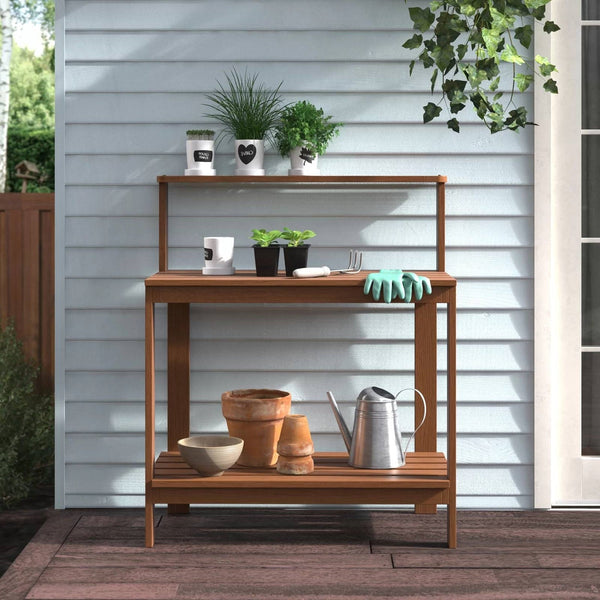 Outdoor Garden Potting Bench Table with Bottom Shelf Solid Meranti Wood