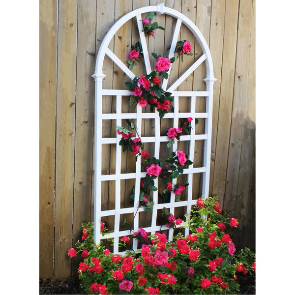 white planter trellis 77-inch Outdoor White Vinyl Lattice Garden Trellis with Arched Top – YardEpic