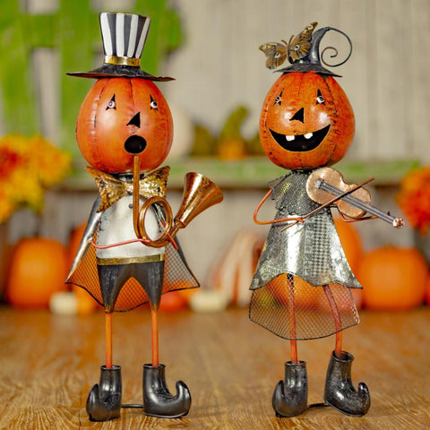 Set of 2 Metal Jack-O-Lantern Musician Couple Figurines