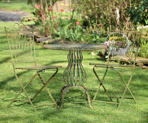 Three Piece Metal Bistro Set 2 Folding Chairs & Round Table in Antique Green