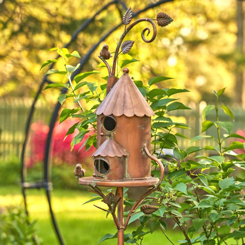 Two-Story Farmhouse Silo Copper Birdhouse Stake "Lancaster" 75" Tall