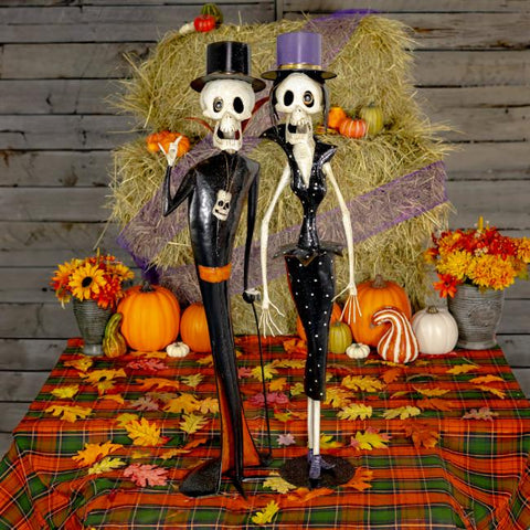Set of 2 Vintage Horror Noir Metal Skeleton Figurines "Dr. and Mrs. Cadaver"