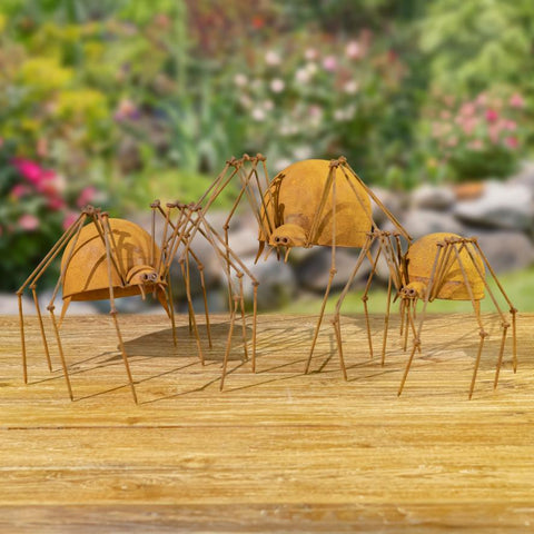 Set of 3 Metal Arachnid Spider Garden Figurines "Whisper, Webster, & Weaver"