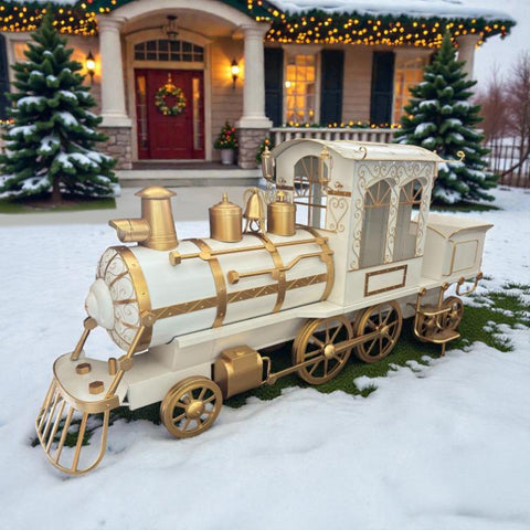 12.5ft. Large White & Gold Iron Train with Cart "The North Pole Express"