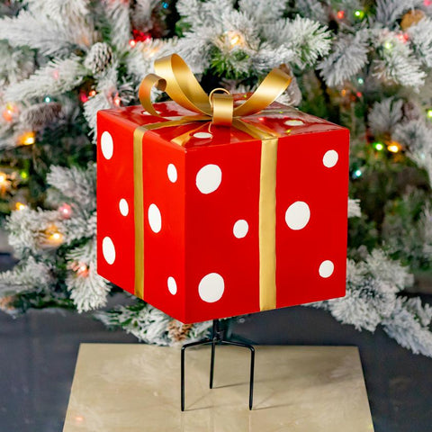 Red & White Polka Dot Gift Box with Gold Bow Iron Christmas Stake 32.5" Tall