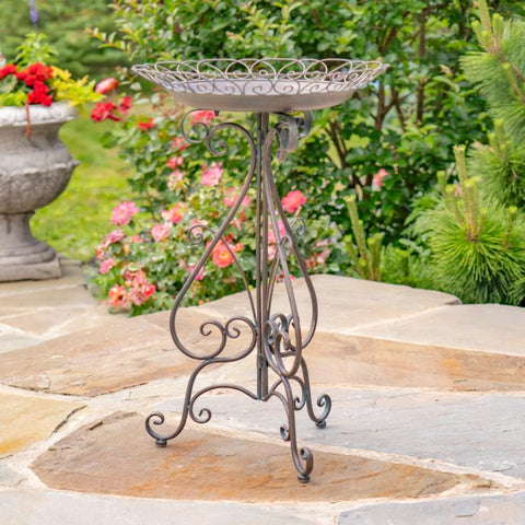 28" Tall Round Iron Birdbath with Folding Stand in Anique Bronze "Stephania"