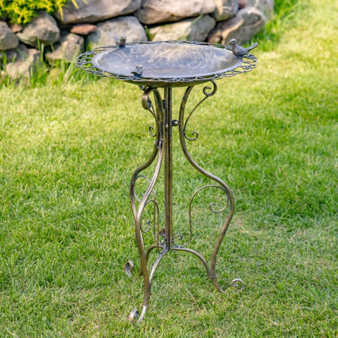 Ornate Round Iron Water Birbath with 3 Small Birds "Stephania"