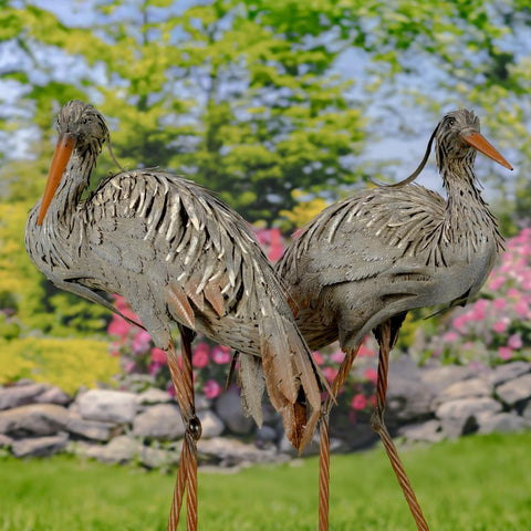 Set of 2 Great Blue Heron Big Bird Metal Outdoor Figurines