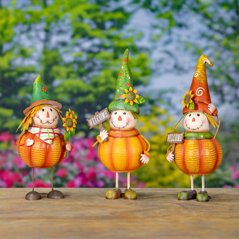Set of 3 Cute Metal Pumpkin Scarecrow Figurines "Tatters, Stitches, & Patches"