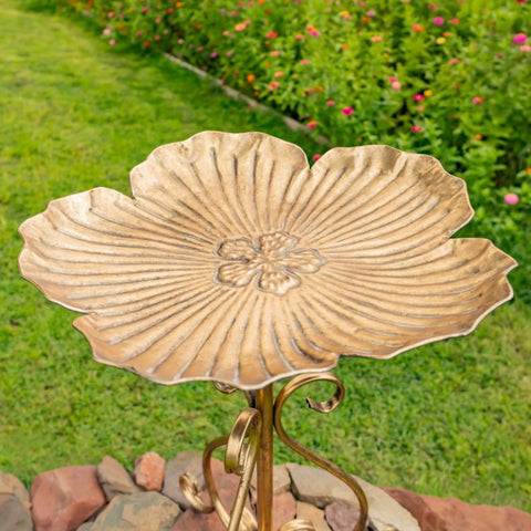 Gold Flower-Shaped Metal Birdbath-Feeder 24.2" Tall