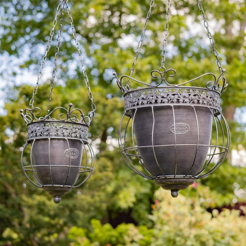 Set of 2 Assorted Hanging Ornate Metal Basket Planters "Riordan"