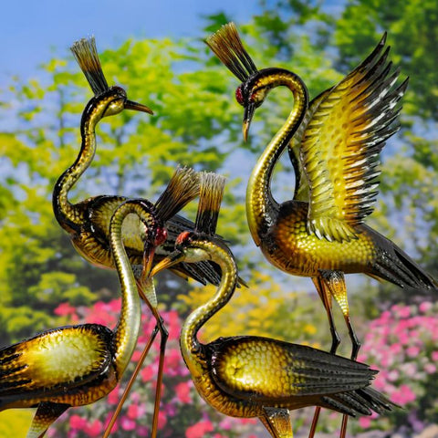 Set of 4 Assorted Elegant Metallic Heron Metal Garden Figurines