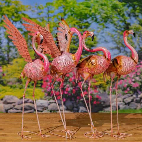 Set of 4 Assorted Elegant Metal Flamingo Garden Figurines