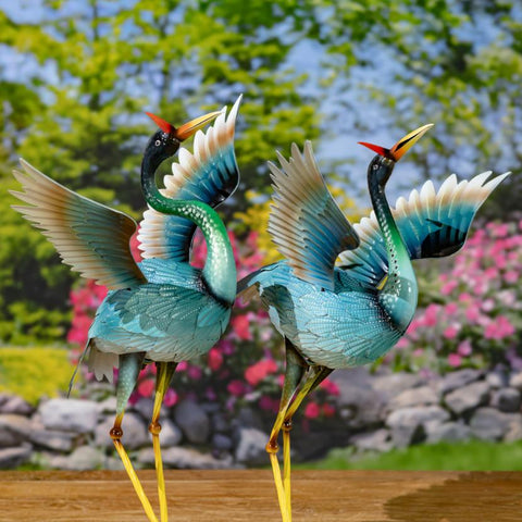 Set of 2 Blue Heron Birds Garden Figurines with Red Head Feathers