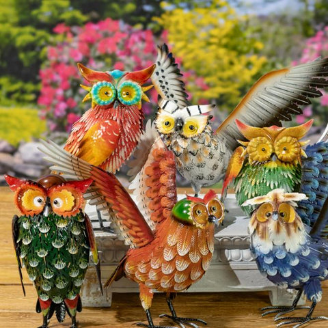 Set of 6 Colorful Hand-Painted Metal Owl Figurines Outdoor Decorations