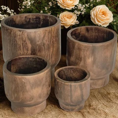 Set of 3 Assorted Round Wooden Planters Dark Brown "Paia"