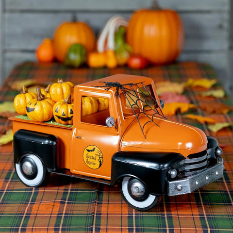Haunted Hayride Halloween Truck with Spiderweb & Pumpkins 18" L