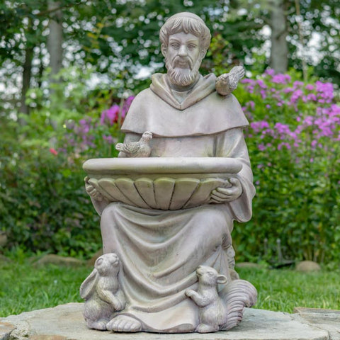 Sitting/Standing "Saint Francis" Statue & Birdbath in Antique Grey