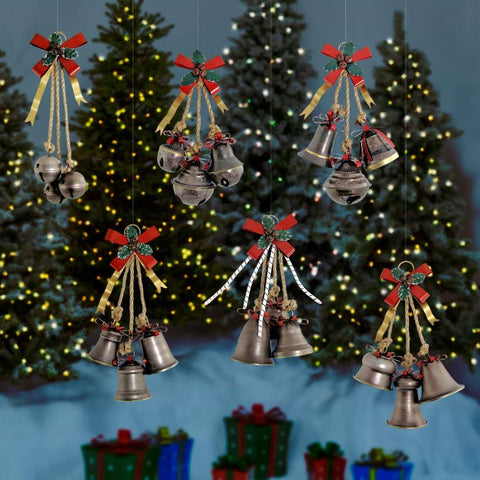 Set of 6 Old World Galvanized Metal Christmas Bells with Bows