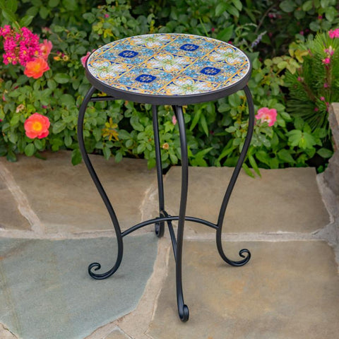 "Bar Harbor" 22in. Tall Mosaic Pedestal Plant Stand - Blue, Green & Peach