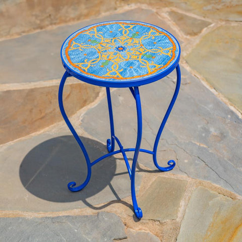 "Naples" 22in. Tall Mosaic Pedestal Plant Stand - Teal & Gold